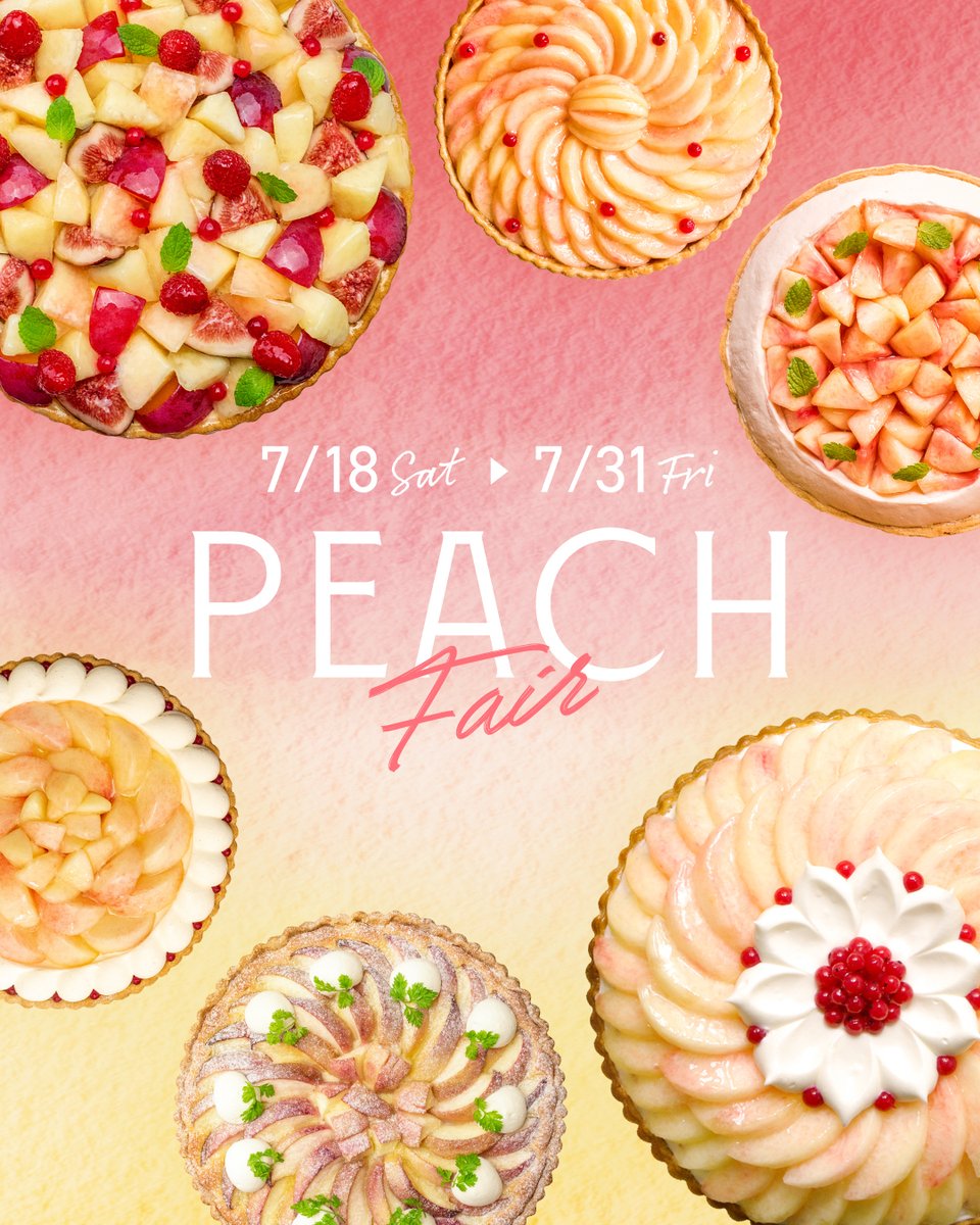 quilfaitbon1991's tweet photo. ／
本日(7/18)より
PEACHフェアがスタート🍑✨
＼

旬の桃を7つのレシピで仕立てたタルトが、ショーケースに勢揃いしています。

バニラカスタード、ティラミス、チーズなど、桃と素材が織りなす多彩な組み合わせをお楽しみください。

フェア期間中、対象商品をお買い上げの方にオリジナルステッカー（全3種）を1枚プレゼント。

7/31(金)までの開催です。

#キルフェボン  #桃スイーツ #桃活