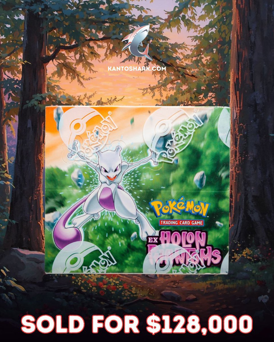 kantoshark's tweet photo. This EX Holon Phantoms Booster Box sold for $128,000 on @kantoshark Marketplace on 07/08/2026.

https://t.co/xgMlDxyCeP - The Ultimate Marketplace for Buying, Consigning and Sourcing Pokemon Cards

#pokemon #pokemoncards #kantoshark #holonphantoms #pikachu https://t.co/VpZNIsyV0g