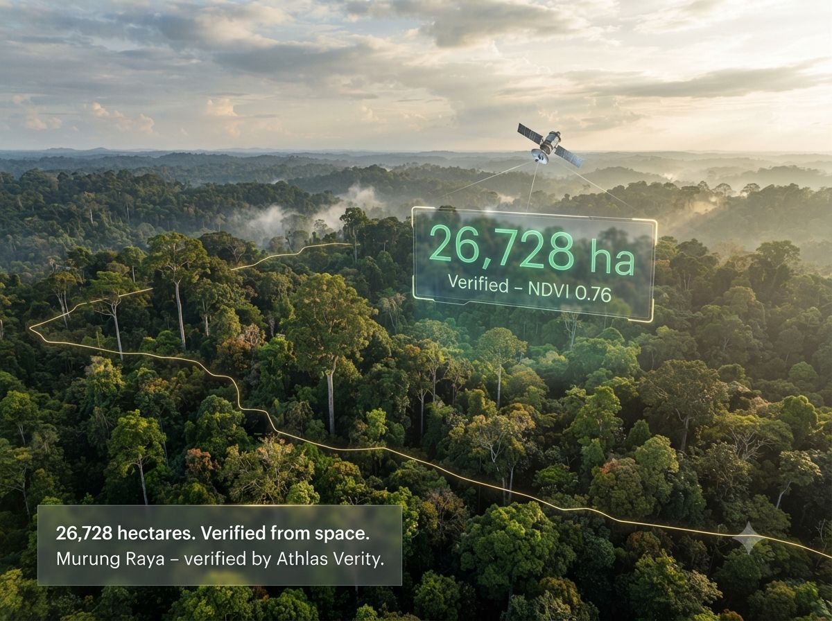 CarbonfiHQ's tweet photo. 26,728 Hectares – The Scale of Murung Raya's Conservation Commitment

The Murung Raya Project is not small. 26,728 hectares – roughly the size of 37,000 football fields – of legally protected primary tropical Dipterocarp rainforest in Central Kalimantan.

This is a landscape of extraordinary ecological significance. Dominated by Shorea spp., Dipterocarpus spp., and Koompassia excelsa (the legendary "tualang" tree of Borneo), the forest exhibits:

Average canopy height: 10–20 meters

High vegetation density

Healthy, dense canopy cover (NDVI 0.76)

Primary forest structure – undisturbed, multi-layered

Above-ground biomass averages 148.82 tons per hectare, calibrated with field inventories. Total verified carbon stock across the concession reaches 3,624,686 tons of carbon (13,290,515 tCO₂e).

Verifying a project of this magnitude traditionally would require dozens of auditors, months of fieldwork, and hundreds of thousands of dollars. Athlas Verity processed it from space – in days.

Multi-source satellite analysis (Sentinel-2, Landsat, MODIS) confirmed vegetation classification, tracked deforestation risk dynamics since the 2016 baseline, and verified strong photosynthetic activity.

Your project, whatever its size, deserves the same efficiency.

👉 Verify your large-scale forest carbon at https://t.co/9rDic66xKW

@MurungRayaProject @Verra @GoldStandard @UNFCCC @WorldBank @ConservationOrg @WWF @TNC @ClimateTrade @CarbonDirect

#MurungRayaProject #26728Hectares #LargeScaleConservation #PrimaryRainforest #dMRV #AthlasVerity #CentralKalimantan #Dipterocarp #ClimateAction #NetZero