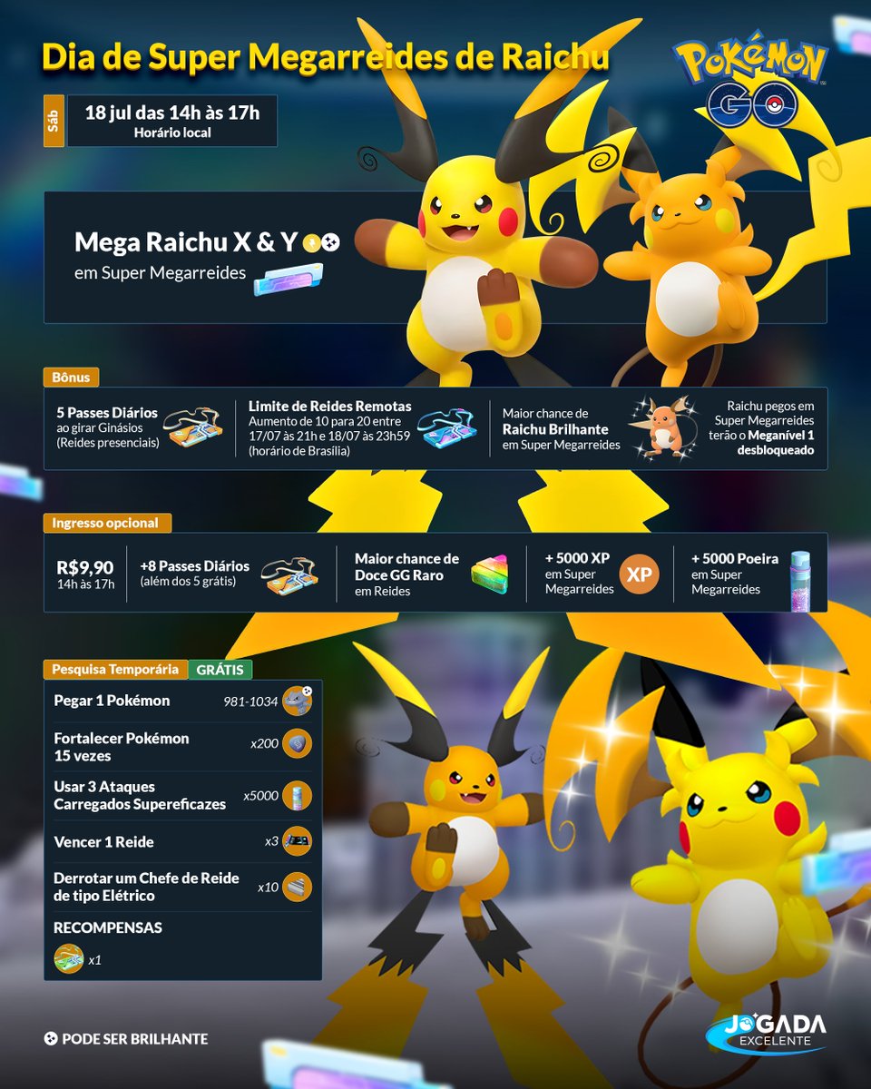 jogadaexcelente's tweet photo. Mega Raichu X e Y estreiam no Pokémon GO nesse sábado, 18 de julho! ⚡

Os dois Pokémon aparecerão em Super Megarreides das às 14h às 17h e todos jogadores podem ganhar 5 Passes de Reide grátis durante esse período. https://t.co/xxCxNotJwY