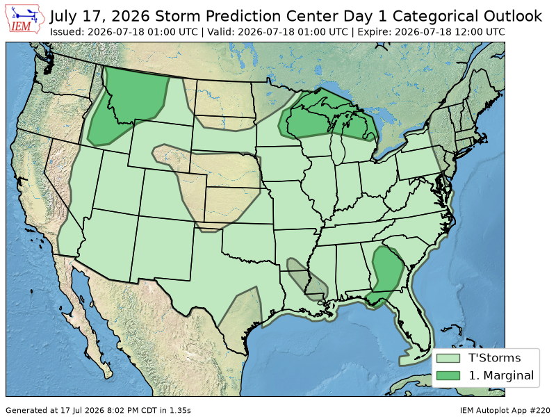 onlyiemwarnings's tweet photo. The Storm Prediction Center issues Day 1 Convective Outlook (Max Risk: Marginal) at Jul 18, 1:00z https://t.co/5IOzytXV3C https://t.co/AXlkURAspJ