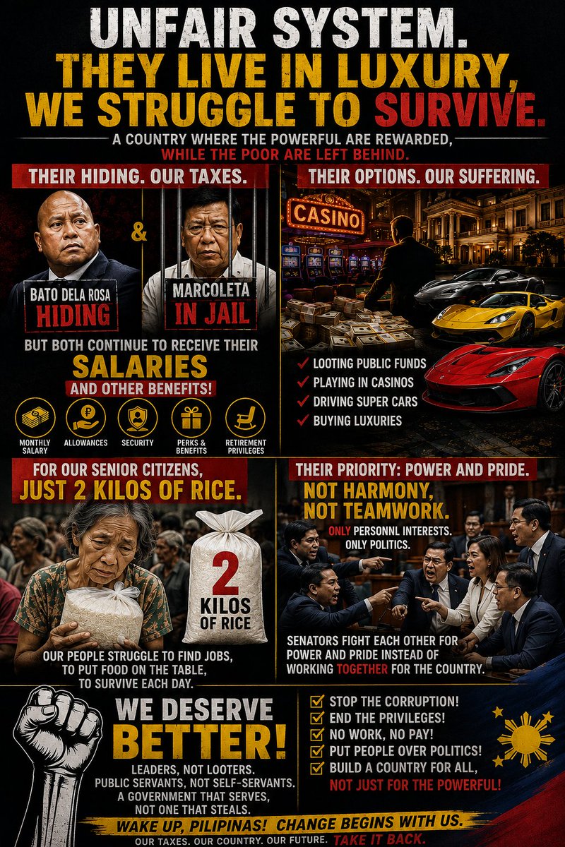 Rose4GoodGov's tweet photo. The people tighten their belts while politicians keep collecting salaries, perks, and privileges. Filipinos deserve public servants...not self-serving elites. It's time to put the people first.
#NoWorkNoPay #StopCorruption #GoodGovernance https://t.co/vOoD4XUrml