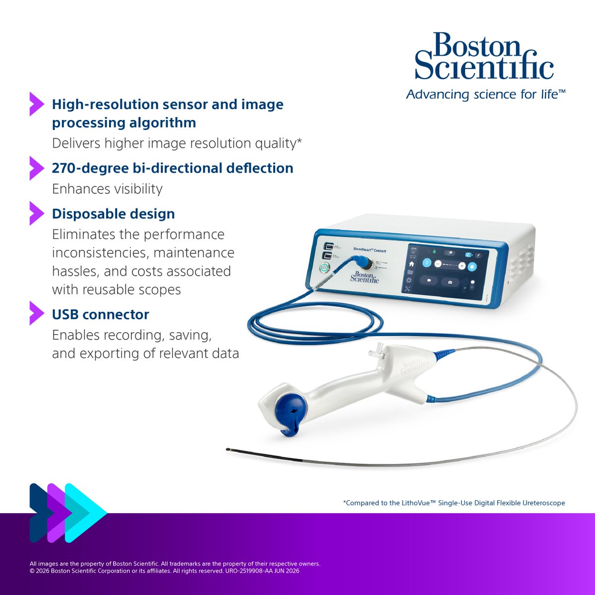 bsc_urology's tweet photo. We are pleased to announce the commercial availability of the LithoVue™ Elite Core Single-Use Flexible Ureteroscope System.
LithoVue Elite Core builds on the trusted LithoVue Elite System, enabling you to access, visualize, &amp; treat stones with confidence. https://t.co/llxJSObUJg https://t.co/t4dlRILGCm
