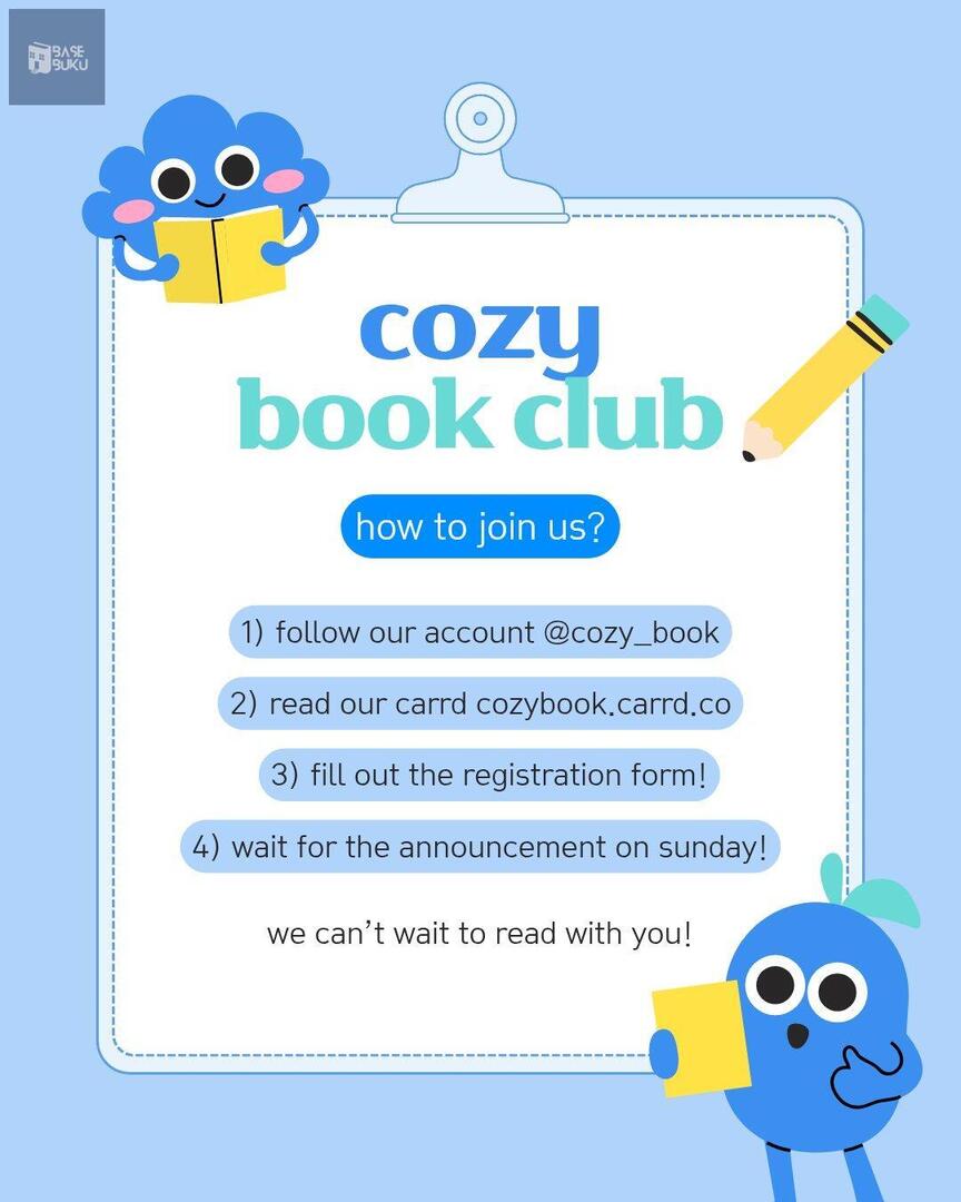 basebuku's tweet photo. Hello, book lovers! 📚 Registration for our cozy book club is now open! In fact, we open weekly and post announcements every Sunday. If you want to join us, please visit @ cozy_book. https://t.co/JwcDiO4qac