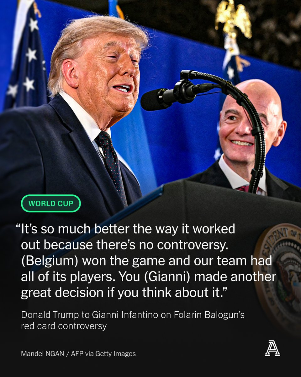 TheAthletic's tweet photo. During an appearance at Trump Tower in Manhattan on Friday, U.S. president Donald Trump and FIFA president Gianni Infantino reflected on the 2026 World Cup, including the Folarin Balogun suspension controversy and England's semifinal tactics.

More: https://t.co/vPSp7DsQA7 https://t.co/GvnwaBRmre