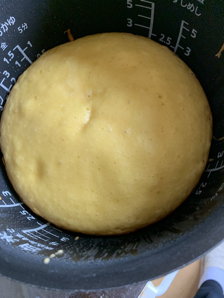 damekuro's tweet photo. 炊飯器でホットケーキ焼いた

時間を長くしたら厚さは5㌢超えたんだけど…パサパサになった

この失敗を踏まえて再度トライしよう
因みに…底に当たる部分は固かった https://t.co/ZyS5pIhFqB