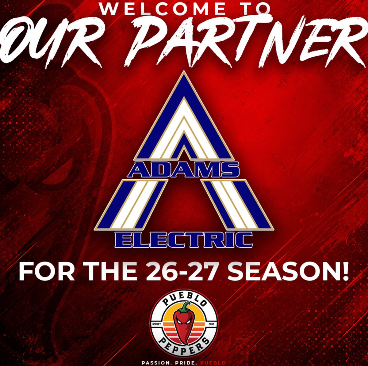 PuebloPeppers's tweet photo. ⚡️ POWERING THE PEPPERS! 🌶️🔥

Please help us welcome back Adams Electric as a proud partner for the 2026–27 season!

Get ready for plenty of Adams Electric Power Plays lighting the lamp all season long! ⚡🥅 https://t.co/RKNMpy0aI5