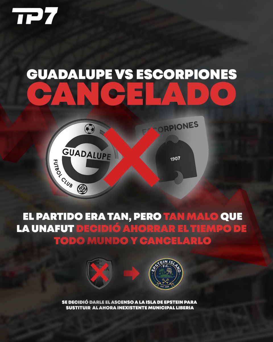 telepifia's tweet photo. ⚠️ ISLA DE EPSTEIN FC

👉 La UNAFUT canceló el Guadalupe vs Escorpiones y subió a este polémico equipo para reemplazar al ahora inexistente Municipal Liberia https://t.co/JWG0yieec8