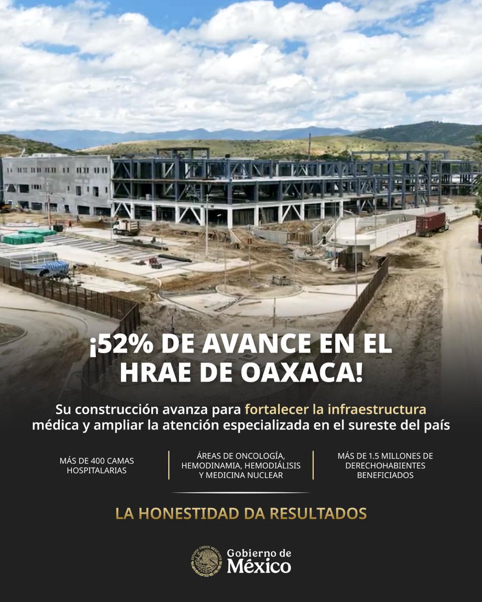 ISSSTE_mx's tweet photo. 🏗️ El nuevo Hospital Regional de Alta Especialidad del ISSSTE en Oaxaca registra un 52% ⬆️ de avance en su construcción. 👷🏻‍♀️👷🏻‍♂️

Con una inversión de más de 3 mil 500 millones de pesos 💰, esta obra fortalecerá la infraestructura hospitalaria del Instituto y acercará servicios de alta especialidad a la población del sureste del país. 🇲🇽✨

🏥 La nueva unidad contará con 250 camas censables y 200 no censables, centro oncológico, hemodinamia, radioterapia, hemodiálisis, medicina nuclear, laboratorio clínico, resonancia magnética, tomografía, mastografía y un acelerador lineal para el tratamiento de cáncer con alta precisión. 🎗️

👥 Beneficiará a más de 1.5 millones de derechohabientes de Oaxaca, Puebla, Veracruz y Chiapas, y se suma a la estrategia de ampliación de la infraestructura hospitalaria del ISSSTE. 💙

#LaHonestidadDaResultados
