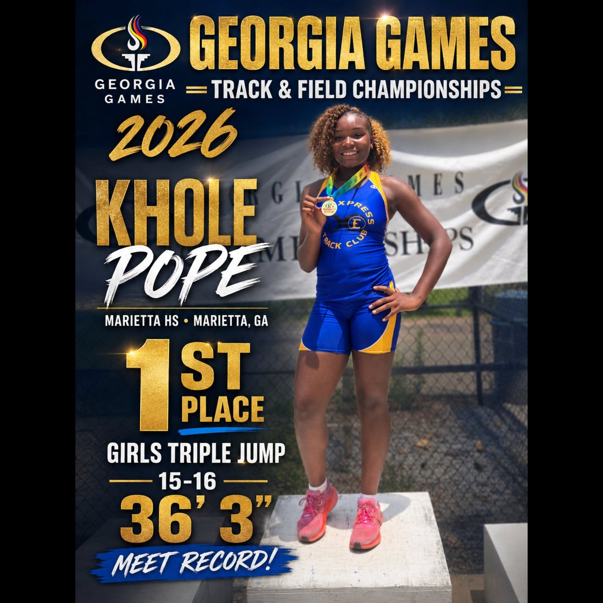 DCExpressTrack's tweet photo. Congratulations!! Khloe Pope 15-16 Girls Triple Jump Meet Record💯 @DCExpressTrack #protectthelegacy https://t.co/VL6klF4q50