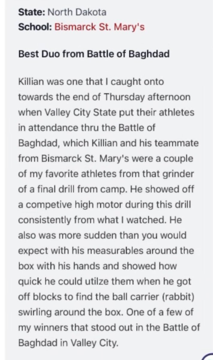 KillianBar624's tweet photo. Thank you @NWahlScouting for the write up! It was fun competing at the @VCSU_Football LOS Camp! https://t.co/IgMt9zWmCy