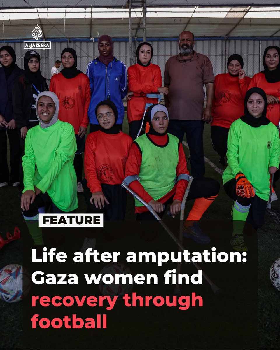 AJEnglish's tweet photo. In Gaza's Deir el-Balah, young Palestinian women with artificial limbs play football on one of the few surviving pitches. The team members lost limbs in Israeli bombings or suffered life-changing injuries during Israel's genocide.
๐ https://t.co/s88HMTWwfn https://t.co/gVnhoSzdGg
