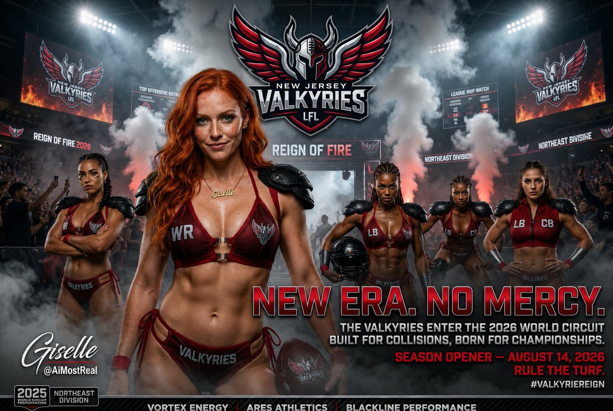 AImostReal's tweet photo. Friday Night Lights: LFL Reunion Under the Stadium Glow 🏟️🔥
Lights bright, shoulder pads on, and the Valkyries ready to own the field.
New era. No mercy.
Who’s coming to the game?
#Giselle #FridayNightLights #Valkyries #LingerieFootball #DigitalArt #AIArt #LFL https://t.co/sS5DTGgdsd