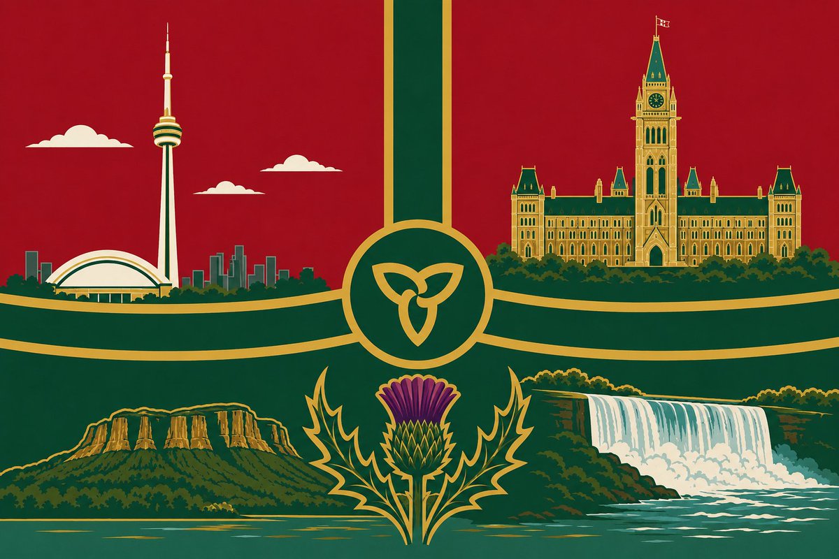 HeavyTSmith's tweet photo. @fordnation Can we update our flag to something more modern and aesthetically pleasing? Sleeping Giant, CN Tower, Niagara Falls, Parliament and a thistle to represent SDG, where Ontario began. https://t.co/HZdhOtYJVE