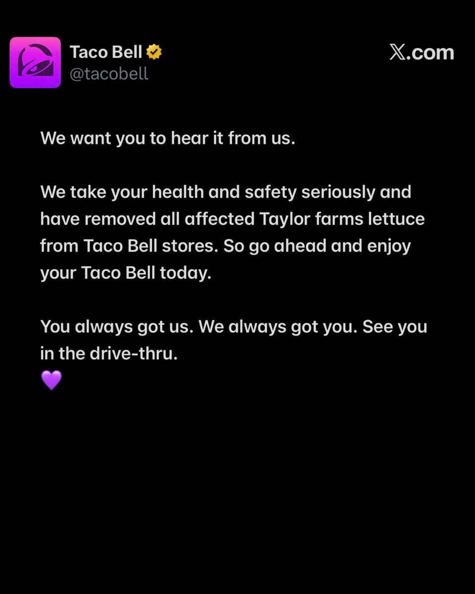 Complex's tweet photo. Taco Bell breaks silence on explosive diarrhea outbreak 🔔

‘We want you to hear it from us. We take your health &amp; safety seriously…’ https://t.co/TgvEsIpqTS