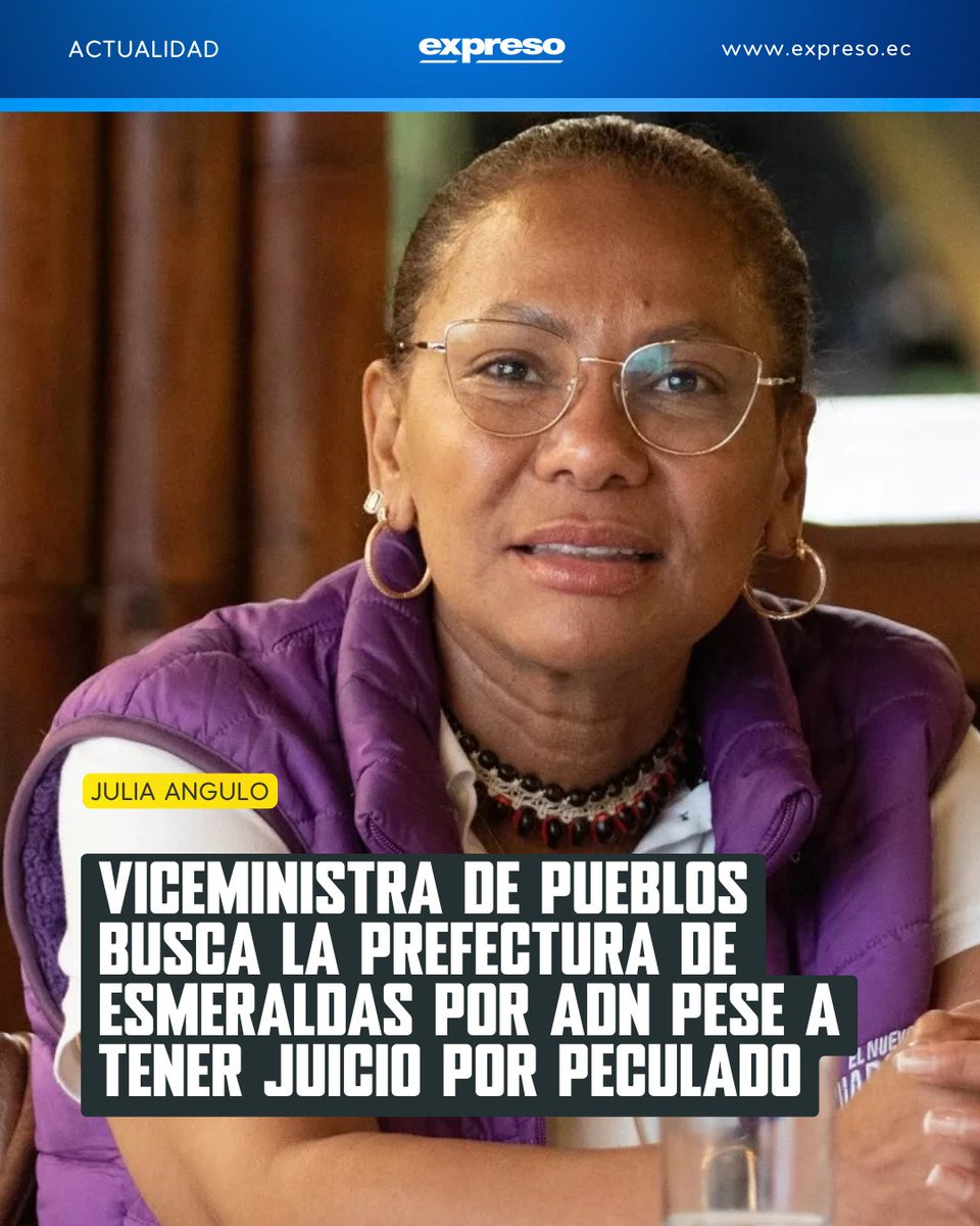Expresoec's tweet photo. La viceministra Julia Angulo, que buscará la prefectura de Esmeraldas en estas seccionales, arrastra un proceso judicial por presunto peculado relacionado con fondos europeos. El caso acumula siete años de dilaciones. 

Conoce más 👉https://t.co/ajIZN8RHOZ https://t.co/7EYCglXjcn