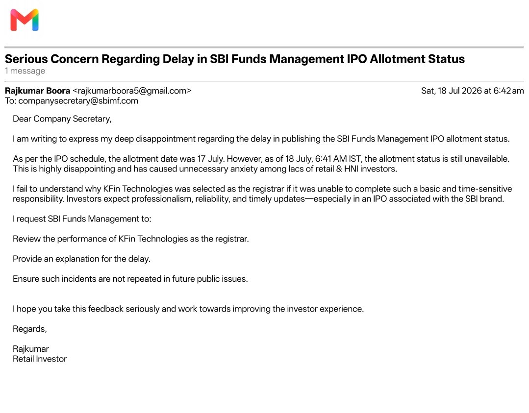 rajkumar_boora1's tweet photo. π¨ SBI Funds Management IPO
Still no allotment status. π
Investors are waiting, but the registrar is taking far too long.
Very poor registrar experience! β³
#SBIFundsManagementIPO #IPOAllotment #IPOInsightHub https://t.co/xV8slOmf1w