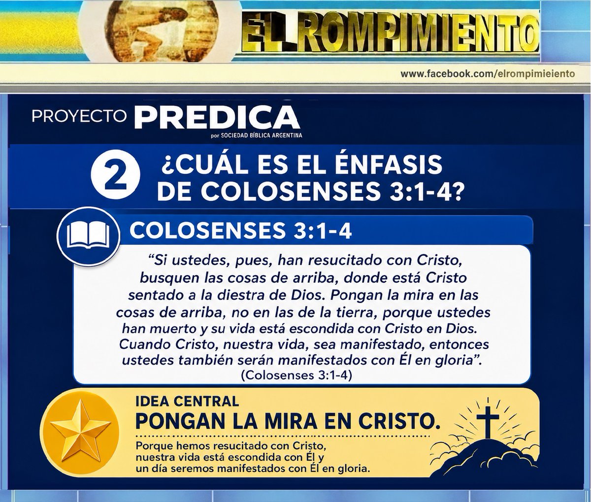 ELROMPIMIENTO's tweet photo. Curso gratis- Clase 3: Encontrar el énfasis en Colosenses 3:1-4
https://t.co/b8RcUGzVDT
Antes de predicar, descubrí qué enfatiza el texto. 🎯 Idea central: Pongan la mira en Cristo, porque nuestra vida está escondida con Él y un día seremos manifestados en gloria https://t.co/jb4cq7HNab