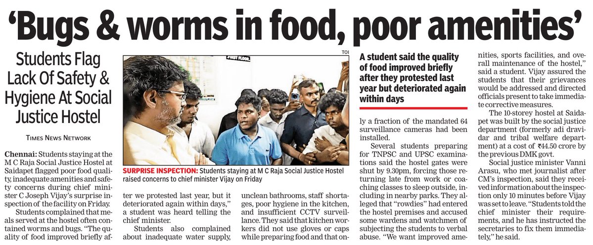 omjasvinMD's tweet photo. Social justice minister Vanni Arasu said the dept was intimated only ten minutes before the chief minister left to the social justice hostel, and the CM has instructed secretaries to fix the issues flagged by students immediately. https://t.co/hzs0Z6yUdM