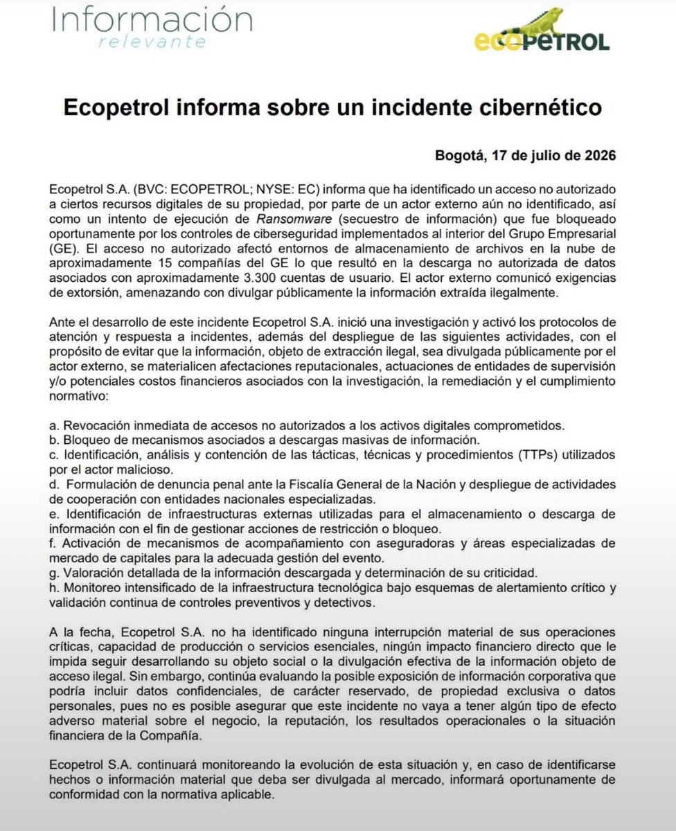 Mauriciotellez's tweet photo. Lo que faltaba: ciberataque a @ECOPETROL_SA afectó 15 empresas del grupo y los delincuentes tuvieron acceso a la información de 3.300 cuentas de usuario, incluido intento de extorsión. 

Lo que faltaba. 

Muchas preguntas. Ojalá sepamos muy rápido lo que pasó y todo lo que hubo detrás.