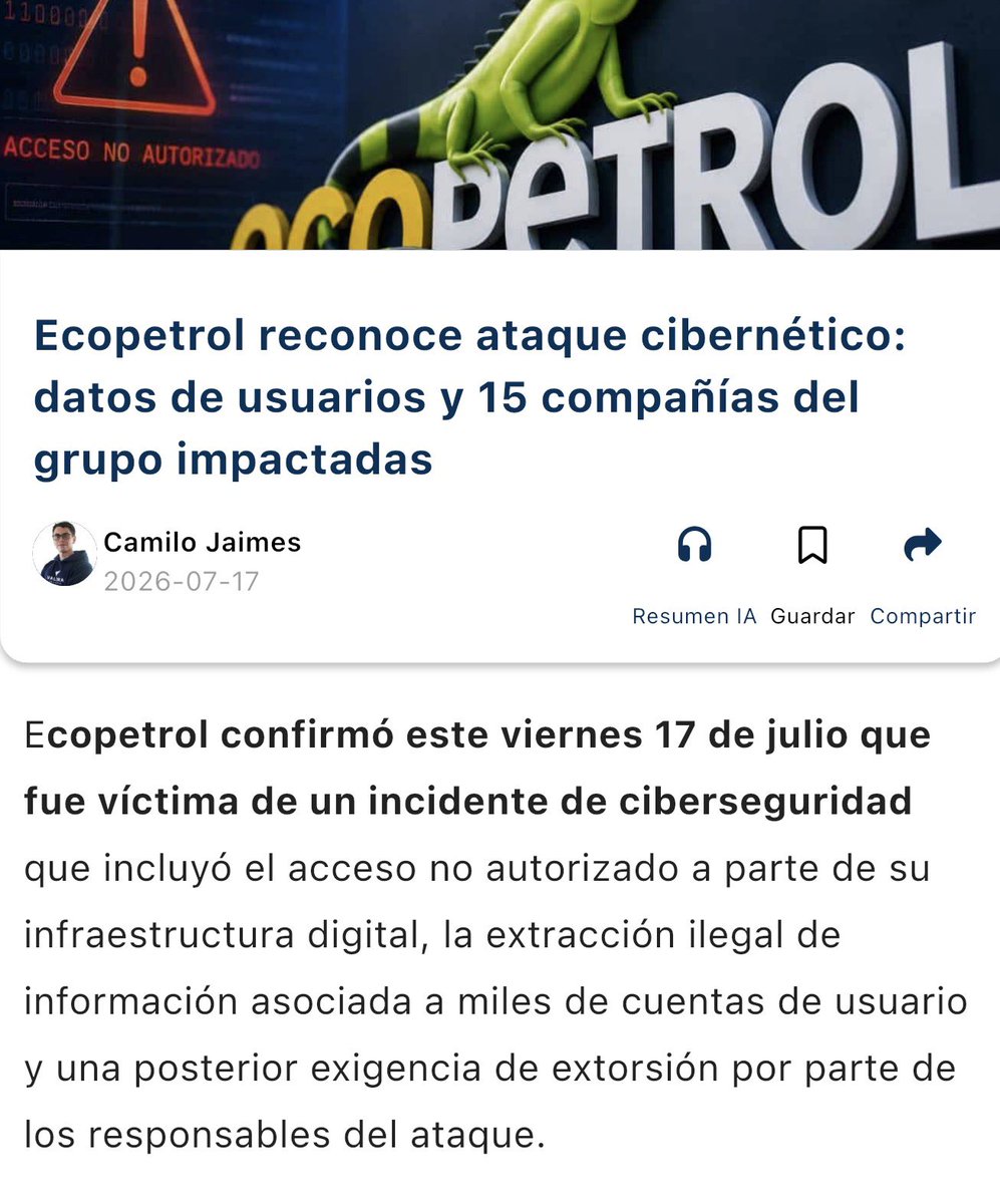 Mauriciotellez's tweet photo. Lo que faltaba: ciberataque a @ECOPETROL_SA afectó 15 empresas del grupo y los delincuentes tuvieron acceso a la información de 3.300 cuentas de usuario, incluido intento de extorsión. 

Lo que faltaba. 

Muchas preguntas. Ojalá sepamos muy rápido lo que pasó y todo lo que hubo detrás.