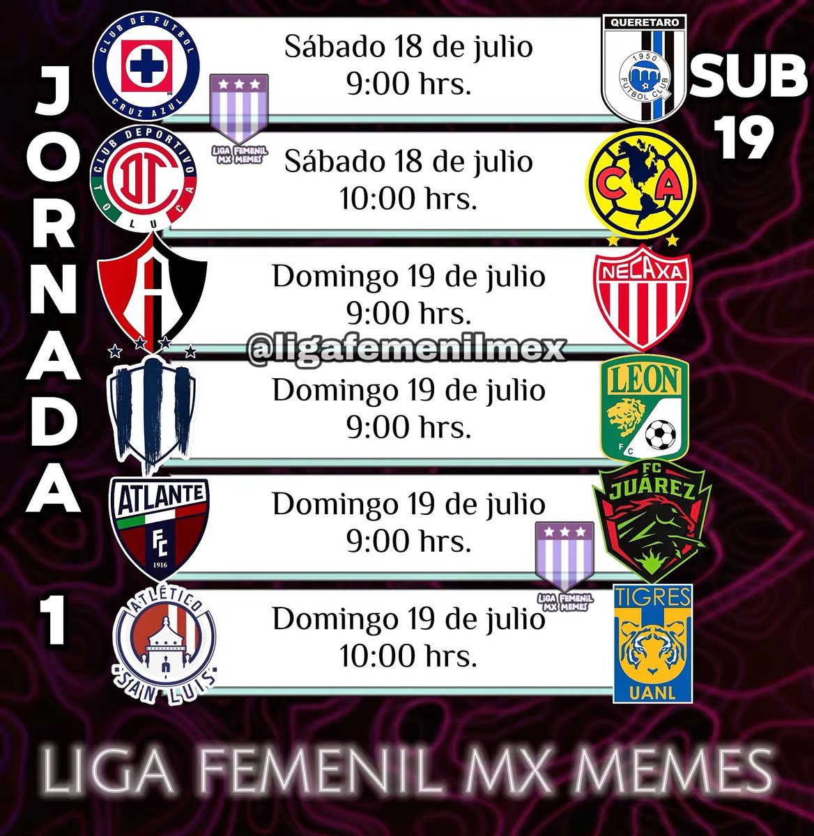 ligafemenilmex's tweet photo. Mañana inicia el Torneo Sub-19 con seis encuentros de la jornada 1, recuerden que solo algunos de estos partidos son transmitidos por redes sociales 🧐
#LigaBBVAMXFemenil #FutFem #Sub19Fem https://t.co/29oZNgI8eV