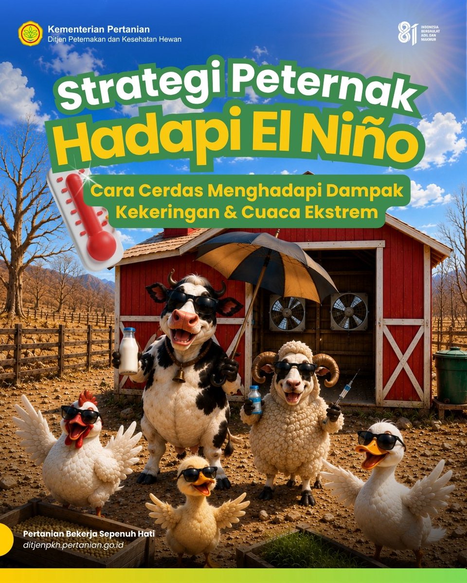 ditjen_pkh's tweet photo. #SobatTernak, Dengan langkah antisipasi yang tepat, peternak dapat membantu menjaga kondisi ternak tetap sehat dan produktif.
Yuk, simak infografis Strategi Peternak Hadapi El Nino untuk mengetahui langkah-langkah selengkapnya melalui tautan dibawah ini : 

https://t.co/4pZC0oJ8XS

#KementanRI #swasembadaprotein #HUT81KemerdekaanRI #ELNinoPeternakan