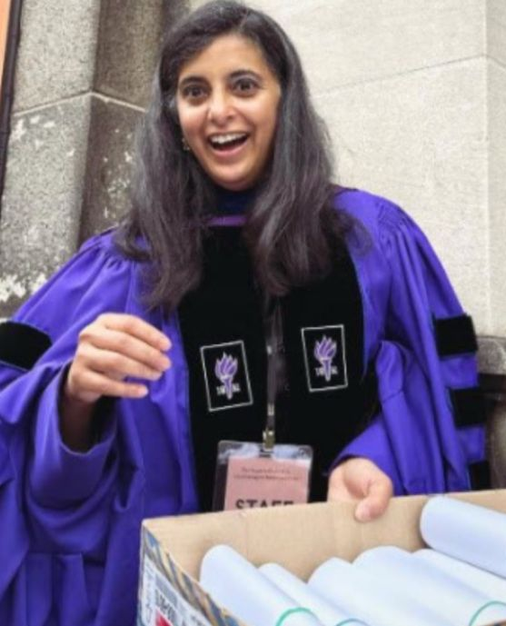 nettermike's tweet photo. Over 40,000 university professors are here on H-1B visas. Not 400. Not 4,000. Over 40,000.

That's over 40,000 American academics who are out of a job. Roughly 72–73% of those are from India.

Professor Shayoni Mitra of Barnard/Columbia University is one of these so-called "geniuses" from India.

She's a professor of theater. Apparently, no American can handle this job.

After the October 7 massacres by Hamas, she donned a mask and a security vest, then watched as students violently hijacked Hamilton Hall on the campus of Barnard. 

Students draped in keffiyehs destroyed the building in support of "Palestine." The graffiti they left behind on the walls revealed "Death to America" and support for Hamas.   

They held some of the maintenance workers hostage.

Police were called and arrests were made.  

After the event, Profesor Mitra held a pretend graduation ceremony for the jihadist students who were arrested/expelled for rioting.

She's attended multiple anti-Israel protests and publicly supported former students/non-citizens like Mahmoud Khalil and Mohsen Mahdawi, who have fomented hatred of America and Israel, rioted on campus, and spread terrorist propaganda.

Time for her to got back to India?