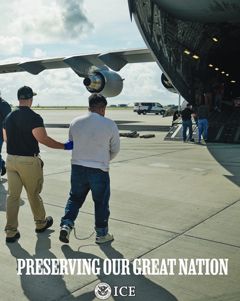 ICEgov's tweet photo. Under the leadership of @POTUS Trump and @SecMullinDHS, we’re preserving our GREAT NATION by removing ILLEGAL ALIENS every day, thanks to our @ICEgov  PATRIOTS. 🇺🇸 https://t.co/sq3Mu5czmi