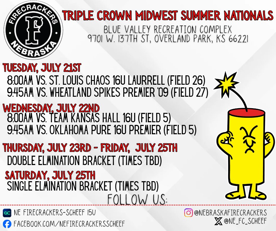 NE_FC_Scheef's tweet photo. Last tournament of the season starts bright and early Tuesday morning! Rest up Firecrackers, we got a big week coming! 🥎🧨 #firecrackerssoftball #travelball #lasttournament https://t.co/PyJSA955kR
