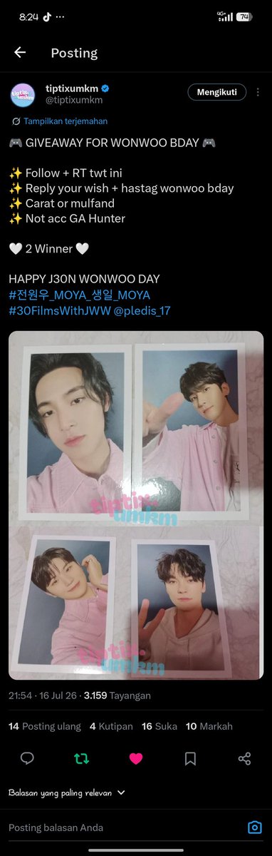 Hannieri_'s tweet photo. @tiptixumkm @pledis_17 HAPPY BIRTHDAY WONWOO 🥳
Smg sehat selalu, panjang umur,
serta selalu bahagia.
Aku berharap kamu meraih kesuksesan yang lebih besar lagi, Wonu-yaa
Semoga kamu trs bersinar bersama SEVENTEEN selamanya. ☺😇

HAPPY J30N WONWOO DAY
#전원우_MOYA_생일_MOYA
#30FilmsWithJWW @pledis_17 https://t.co/sKo9qVlyty