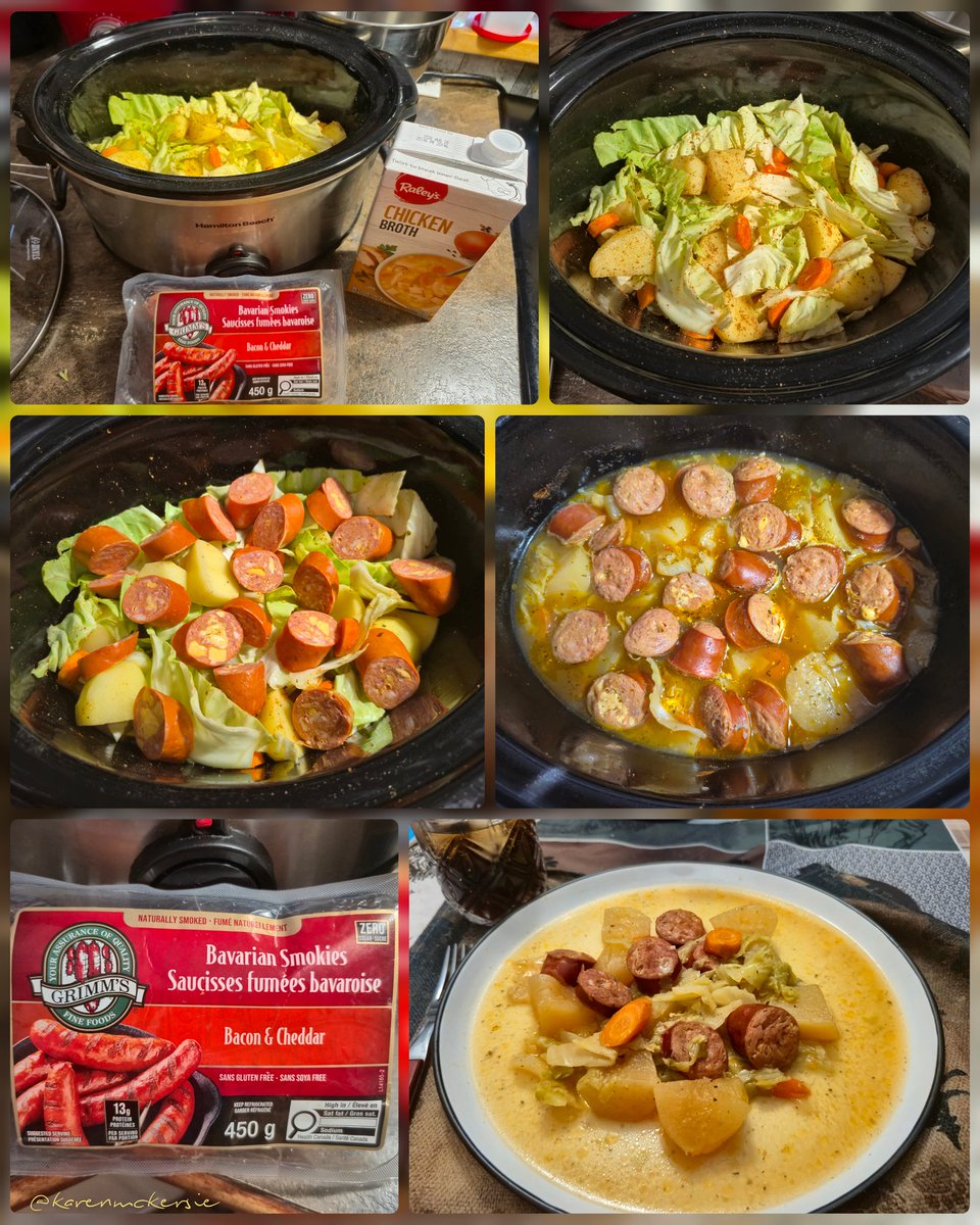 karenmckersie's tweet photo. ๐ฝ Tonights slow cooker dinner: Bacon & Cheddar Bavarian smokies with cabbage, carrots, Potatoes in chicken broth. Tender, juicy and delicious! ๐ #SlowCooker #Dinner #BavarianSmokies #OnePotMeal #Food #HomeCooking https://t.co/YAM1caFWXD
