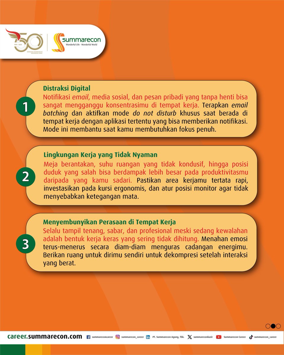 summareconkarir's tweet photo. Sudah tidur cukup, sudah makan, tapi tetap lelah di tengah hari kerja?
Energimu mungkin terkuras dari hal yang jarang disadari. Kenali dulu sumbernya, baru kamu bisa mengatasinya. π
Yuk simak slide selanjutnya!
#Summarecon #SummareconCareer #EnergyDrain #WorkplaceWellness https://t.co/dAZF0yua0H