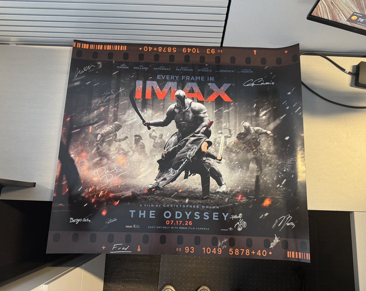 AhmariLJ's tweet photo. Happy #TheOdyssey day!!! This was my first Christopher Nolan film I worked on at @IMAX 70mm!!! Had a ton of fun working on this for the past 2 years and learned so much more about film after Sinners!!! I was able to get our film team to sign my poster 😁 https://t.co/SxYGD5JGNE