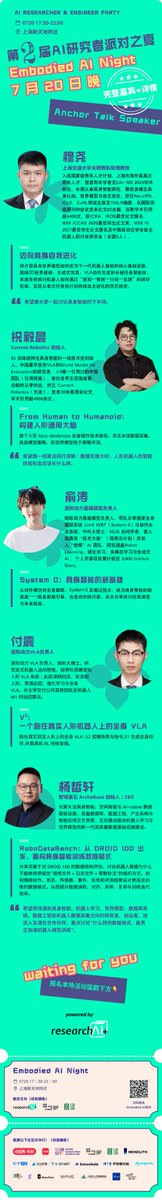 Xander_zzzzz's tweet photo. 💡Night 3 — Embodied AI

• @YaoMarkMu1  — Yao Mu, Shanghai Jiao Tong University
“Toward Self-Evolving Embodied Intelligence”

• Yichen Zhu — @Curr_Robotics 
“From Human to Humanoid: Building a General-Purpose Brain for Humanoids”

• Tao Yu — @LimX_Dynamics 
“System 0: A New Foundation for Embodied Intelligence”

• Zhen Fu — @LimX_Dynamics 
“V³: A Whole-Body VLA Running on a Real Humanoid Robot”

• Zhexuan Yang, ArcheBase
“RoboDataBench: Rethinking Training-Data Formats for Embodied AI, Starting with DROID-100”