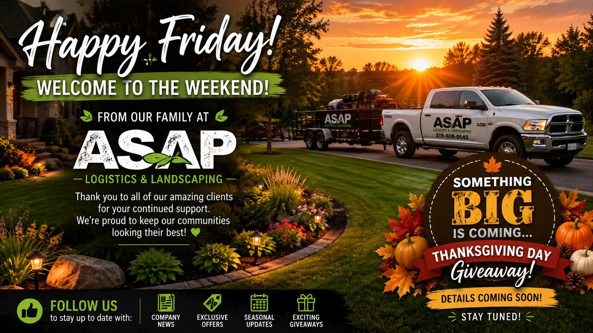 asap_logistics's tweet photo. 🚨 WEEKEND MODE: ACTIVATED! 🚨
Happy Friday! 🌿 Another week of transforming properties is in the books. Thanks for supporting our family-owned business! ❤️
👀 BIG Thanksgiving Giveaway details are coming soon! Follow us for updates, news & special offers. 🦃🎁
#HappyFriday https://t.co/yFTs5d9cE2