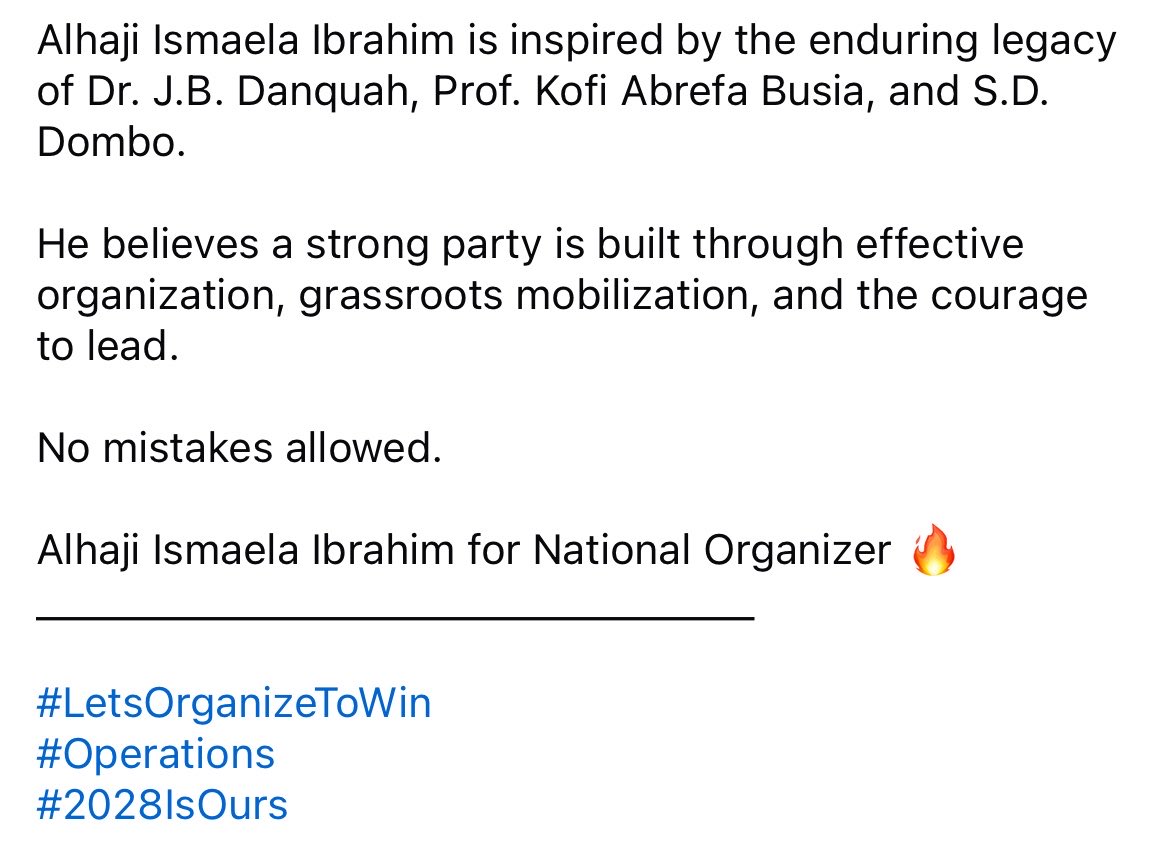 Looksharp36's tweet photo. Alhaji Ismaela Ibrahim is inspired by the enduring legacy of Dr. J.B. Danquah, Prof. Kofi Abrefa Busia, and S.D. Dombo.
He believes a strong party is built through effective organization, grassroots mobilization, and the courage to lead.
https://t.co/aLFcpjmBQL https://t.co/0B5bA9g3FI