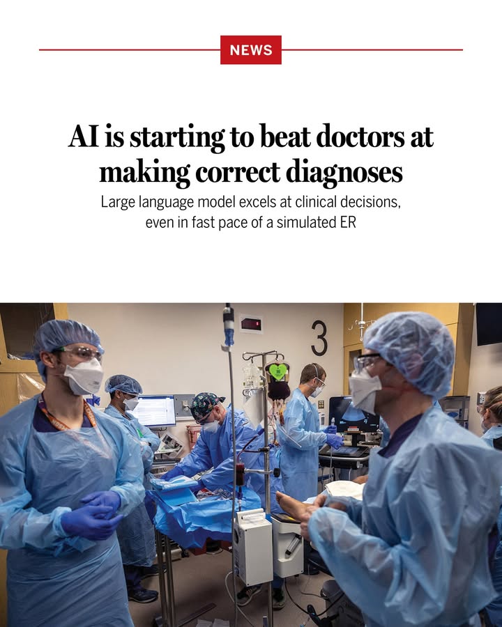News graphic headlined "AI is starting to beat doctors at making correct diagnoses," showing ER staff working around a patient bed