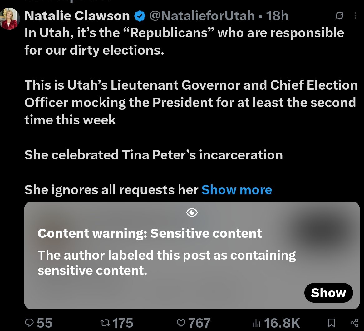BasicMittLee's tweet photo. @NatalieforUtah They are marking your posts as sensitive now too. https://t.co/WvO2HUZiqR