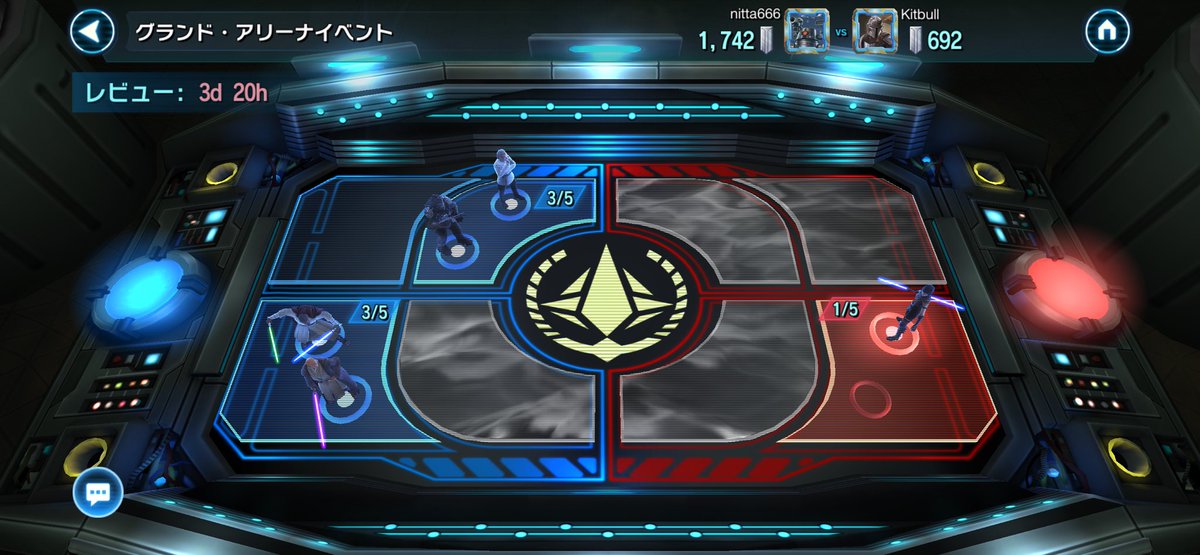 nitta427's tweet photo. 昨日のGAC
防衛が厚くて、後ろのサティールを倒すコマがな��なって、負けたと思っていたけど、相手が途中で倒すの諦めてて勝ってたわ。
攻撃に使うようなのも配置してたもんなー。そら、足りなくなるよな。
#swgoh #銀河の英雄 https://t.co/PZ1qYsrpQ0