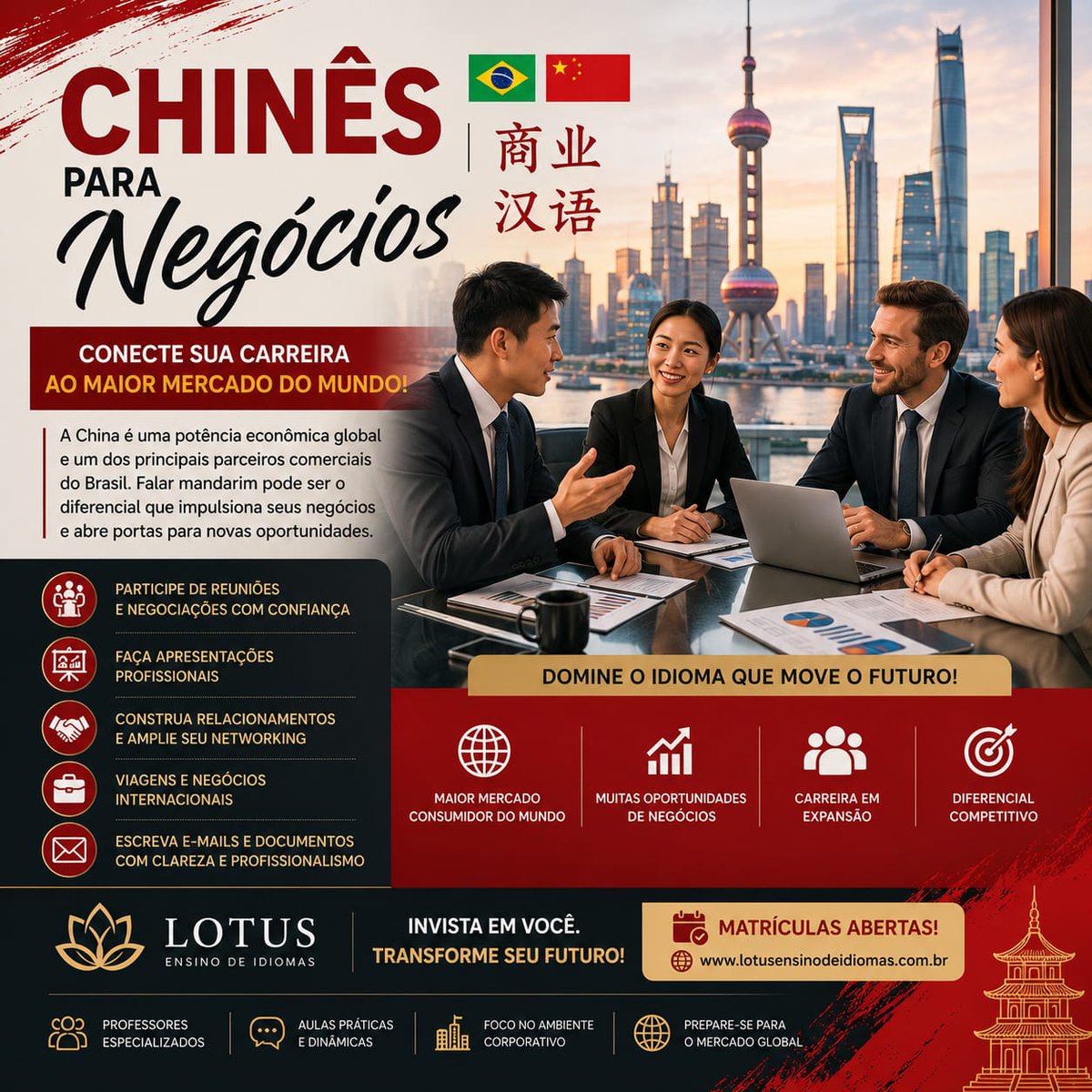 lotus_idiomas's tweet photo. 🇨🇳💼 Chinês para Negócios: conecte-se ao maior mercado do mundo!
A China é uma das maiores potências econômicas globais e um dos principais parceiros comerciais do Brasil. Dominar o mandarim pode ser o diferencial que impulsiona sua carreira e amplia suas oportunidades no mercado internacional.
Na Lotus Ensino de Idiomas, você aprende chinês com foco no ambiente corporativo, desenvolvendo habilidades para reuniões, negociações, apresentações, viagens de negócios e relacionamento com clientes e fornecedores internacionais.
🚀 Destaque-se no mercado de trabalho.
🤝 Negocie com mais confiança.
🌏 Expanda seus contatos internacionais.
📈 Invista em uma carreira preparada para os desafios do comércio global.
Fale o idioma das grandes oportunidades. Aprenda chinês para negócios e esteja um passo à frente no mercado internacional!
📍 Matrículas abertas.
🌐 https://t.co/Rw9vCxRJUv