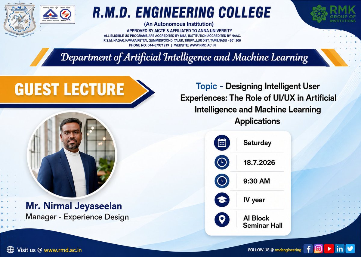 rmdecprincipal's tweet photo. A Guest Lecture on the course "UI/UX Design" is organized by the Department of Artificial Intelligence and Machine Learning, R.M.D. Engineering College on Saturday, 18th July 2026, at 9.30 AM.
#rmdec #rmdengineeringcollege #rmdaiml #guestlecture #uiux https://t.co/Qc0dJlYqBK