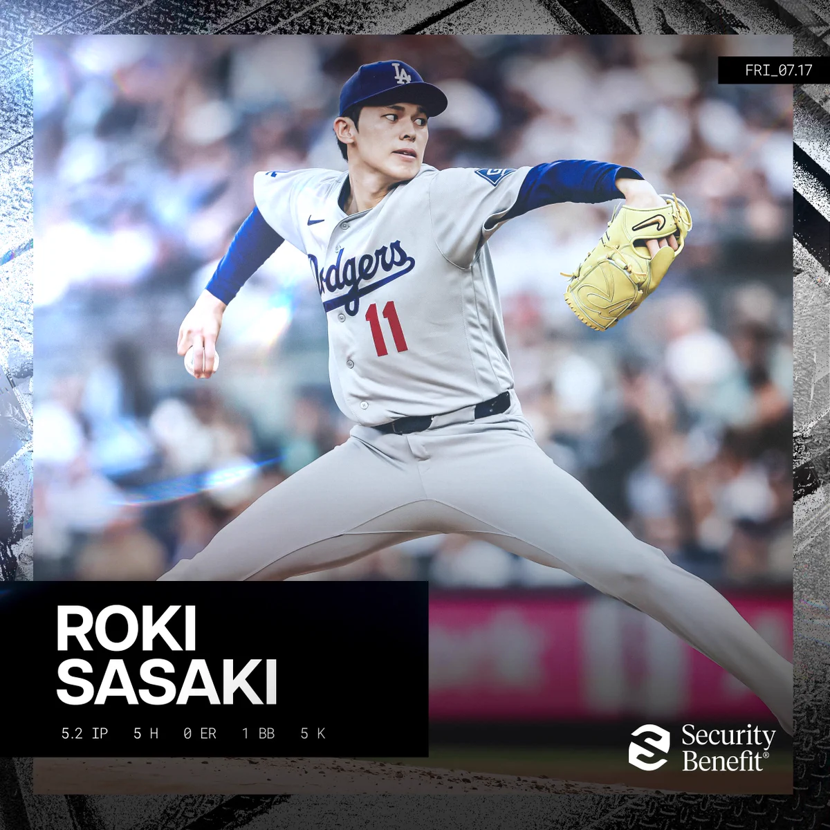 Roki Sasaki's final line: 5.2 IP, 5 H, 0 ER, 1 BB, 5 K