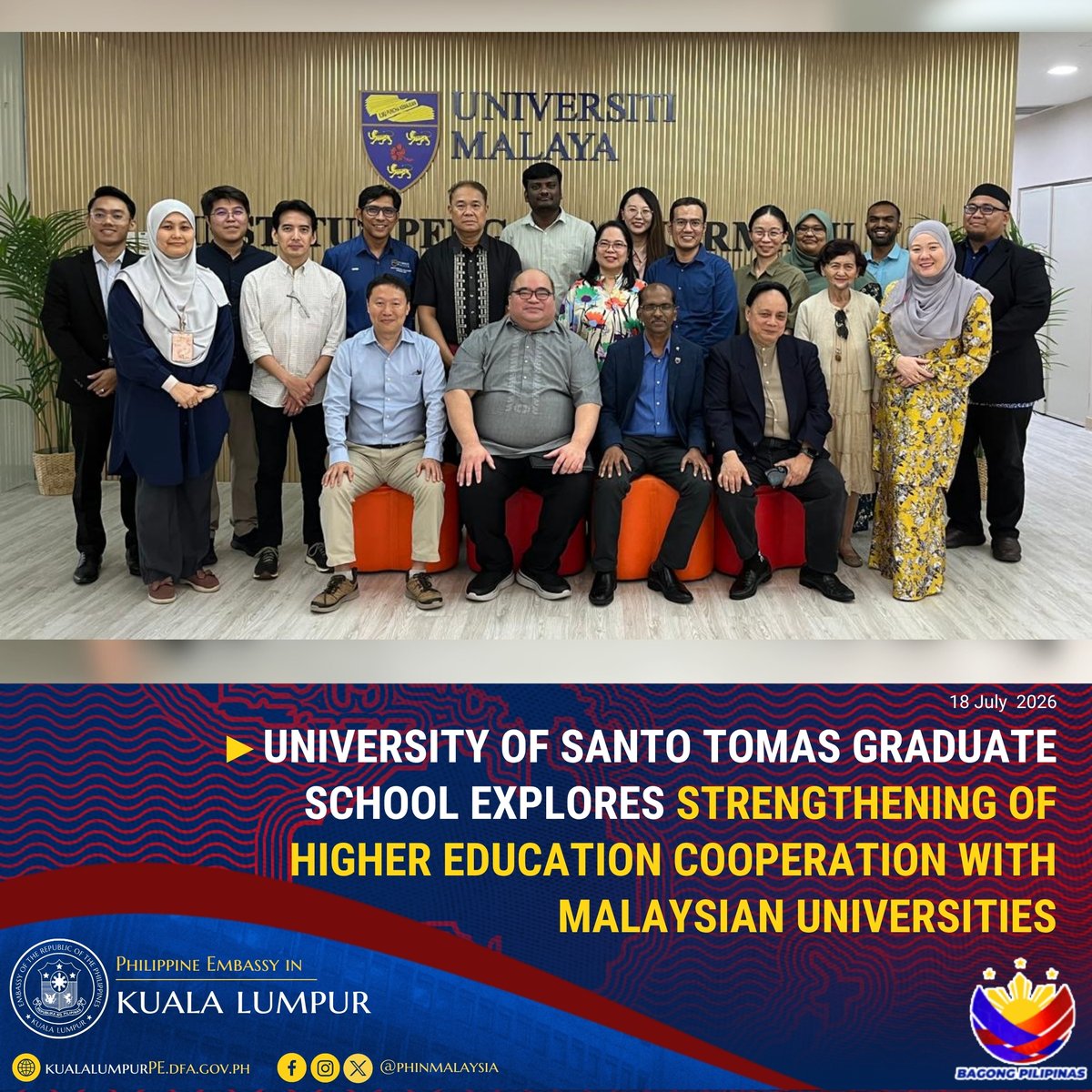 PHinMalaysia's tweet photo. The University of Santo Tomas Graduate School (USTGS), led by Dean and Professor Dr. Michael Anthony Vasco, paid a courtesy call on Ambassador Maria Angela Ponce at the Embassy on 08 July 2026, at which they discussed strengthening academic cooperation between Philippine and Malaysian higher education institutions, including opportunities for faculty exchanges, research collaboration, internationalization initiatives, and the promotion of Philippine studies in Malaysia.

Read the story at 👉https://t.co/EXKgbCtsRY