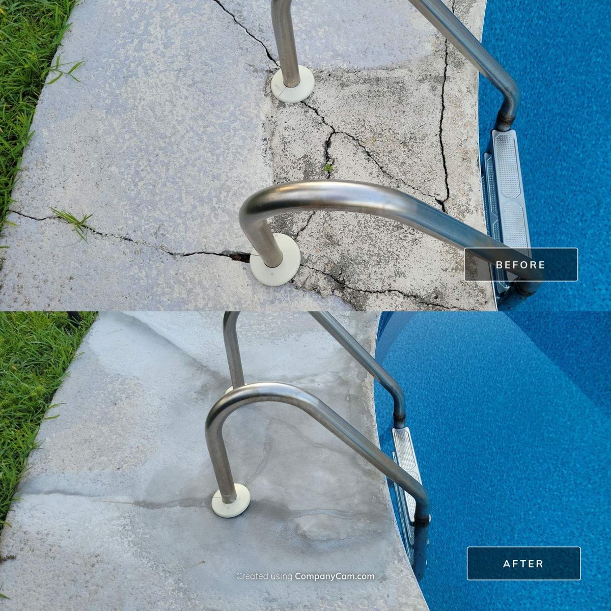 ResConFL's tweet photo. Pool Deck Crack Repair in Orange Park, FL: patched cracks at the handrail, walkway, coping, and pool edge, ground down a trip hazard, and the deck passed inspection ahead of a home sale. Done in one day. #OrangeParkFL https://t.co/13Sw2pa3HY https://t.co/ujAQuheDca