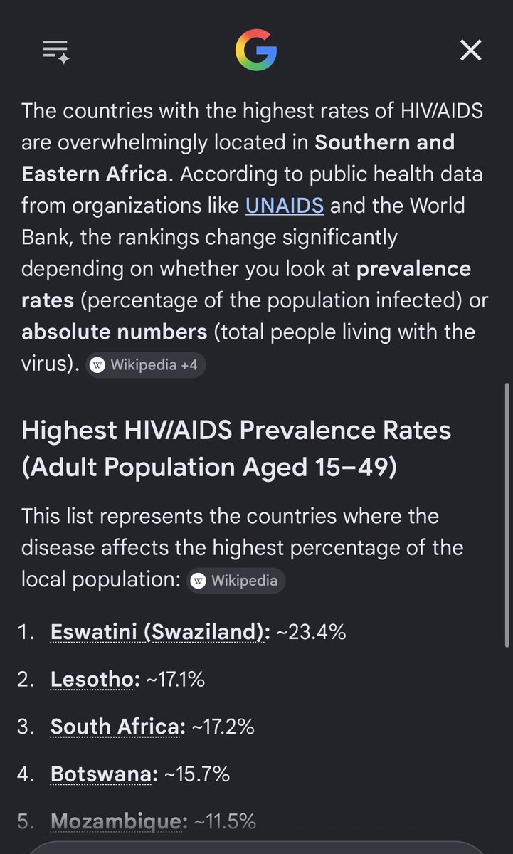 sfbseet's tweet photo. @kiss486 Here’s what Google Ai said about the countries with the highest HIV AIDs. https://t.co/846uXhlESE