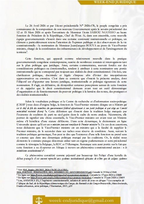 WeekJuridique's tweet photo. 📢 Article en ligne maintenant ! ⚖️ 
🔹 Thème : La fonction de Vice-Premier ministre en République du Congo. 
✍️ Par : Destin Divin Kombo Nianga 🇨🇬 Analyse juridico-politique approfondie ! 
LinkedIn version Pdf
#WeekEndJuridique #DroitConstitutionnel #DroitCongo https://t.co/FawRKip721