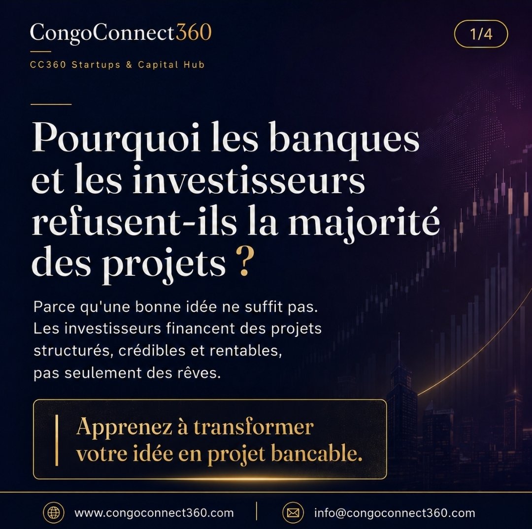 LaureSurge's tweet photo. Pourquoi les banques et les investisseurs refusent-ils autant de projets ?

Parce qu’une bonne idée ne suffit pas. Pour obtenir un financement, un projet doit être structuré, crédible, rentable et capable de démontrer clairement son potentiel.

Un investisseur veut comprendre :

Quel problème votre entreprise résout-elle ?
Qui sont vos clients ?
Quelle est la taille du marché ?
Comment l’entreprise gagnera-t-elle de l’argent ?
Quel montant recherchez-vous ?
Comment les fonds seront-ils utilisés ?
Quels sont les risques et le retour sur investissement attendu ?

Avec CC360 Startups & Capital Hub, nous accompagnons les entrepreneurs et porteurs de projets dans la préparation de leur business plan, de leur stratégie financière, de leur pitch deck et de leur dossier d’investissement.

Notre objectif est de transformer les idées congolaises en projets bancables, puis de faciliter leur mise en relation avec des investisseurs, des banques et des partenaires stratégiques.

Vous avez une idée ou un projet, mais vous ne savez pas par où commencer ? Rejoignez-nous :

https://t.co/AiyisHX9GP

Votre prochaine entreprise peut commencer aujourd’hui.

https://t.co/HmhEmdwlcQ
info@congoconnect360.com

#CongoConnect360 #Entrepreneuriat #ProjetBancable #Investissement #Startup #BusinessPlan #DiasporaCongolaise #RDC #LevéeDeFonds #EntrepreneursCongolais