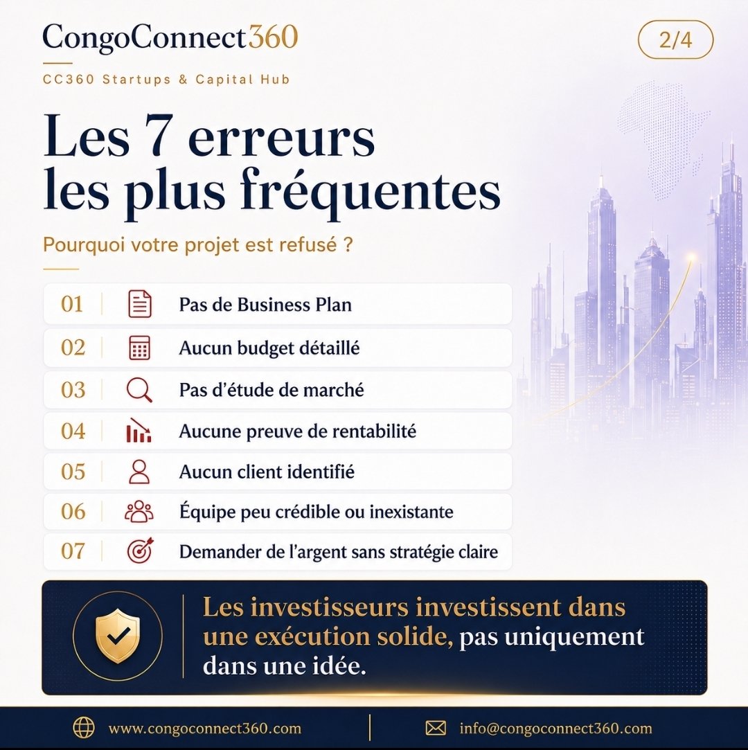 LaureSurge's tweet photo. Pourquoi les banques et les investisseurs refusent-ils autant de projets ?

Parce qu’une bonne idée ne suffit pas. Pour obtenir un financement, un projet doit être structuré, crédible, rentable et capable de démontrer clairement son potentiel.

Un investisseur veut comprendre :

Quel problème votre entreprise résout-elle ?
Qui sont vos clients ?
Quelle est la taille du marché ?
Comment l’entreprise gagnera-t-elle de l’argent ?
Quel montant recherchez-vous ?
Comment les fonds seront-ils utilisés ?
Quels sont les risques et le retour sur investissement attendu ?

Avec CC360 Startups & Capital Hub, nous accompagnons les entrepreneurs et porteurs de projets dans la préparation de leur business plan, de leur stratégie financière, de leur pitch deck et de leur dossier d’investissement.

Notre objectif est de transformer les idées congolaises en projets bancables, puis de faciliter leur mise en relation avec des investisseurs, des banques et des partenaires stratégiques.

Vous avez une idée ou un projet, mais vous ne savez pas par où commencer ? Rejoignez-nous :

https://t.co/AiyisHX9GP

Votre prochaine entreprise peut commencer aujourd’hui.

https://t.co/HmhEmdwlcQ
info@congoconnect360.com

#CongoConnect360 #Entrepreneuriat #ProjetBancable #Investissement #Startup #BusinessPlan #DiasporaCongolaise #RDC #LevéeDeFonds #EntrepreneursCongolais