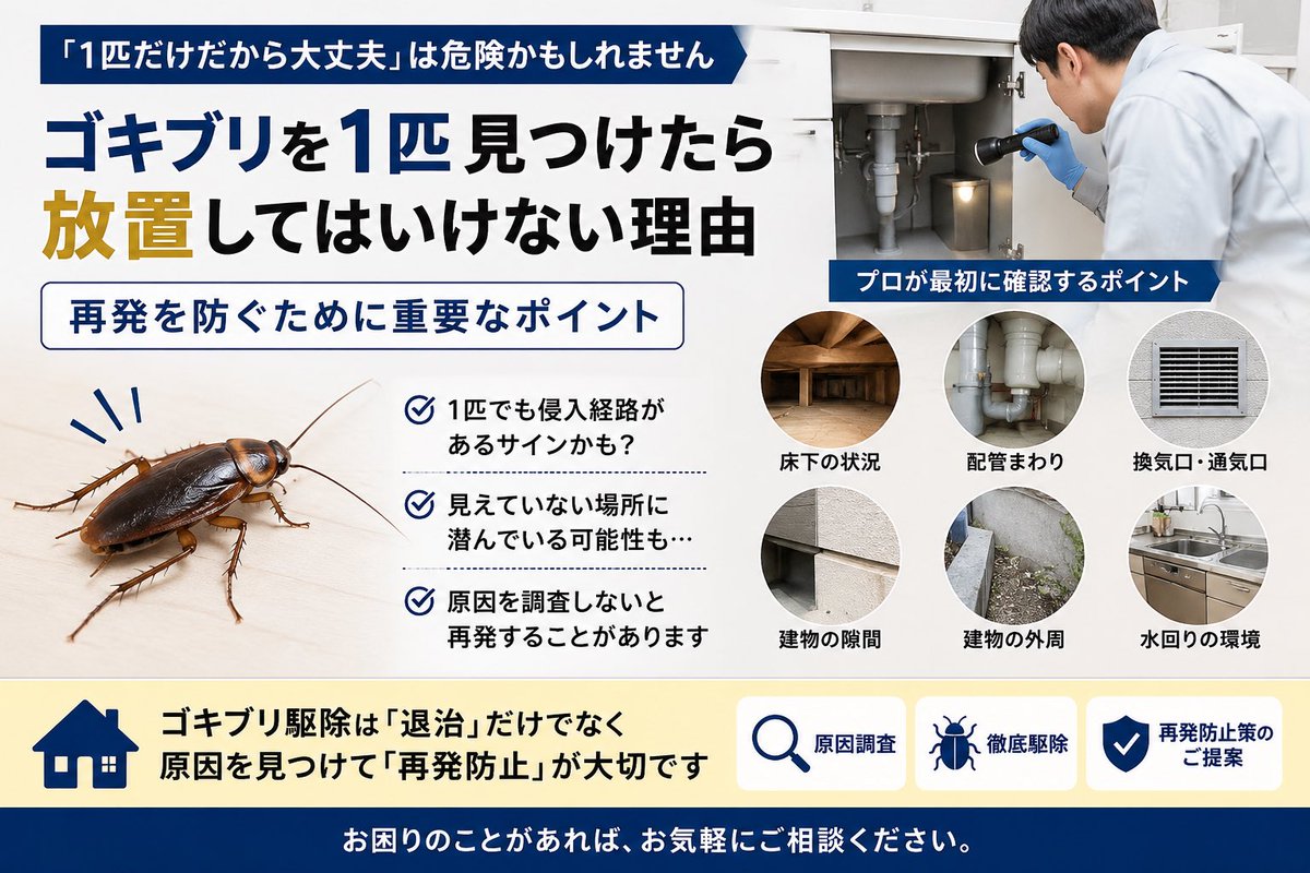 TOMOSES06's tweet photo. 🚨「ゴキブリを1匹見つけただけだから大丈夫」

そう思っていませんか？

私たちはゴキブリを駆除するだけでなく、
✅侵入経路
✅配管まわり
✅床下
✅換気口
などを調査し、「再発しない環境づくり」を重視しています。

「見えた1匹」ではなく、「なぜ現れたのか」を知ることが本当の対策です。 https://t.co/sXkJB4e9PT